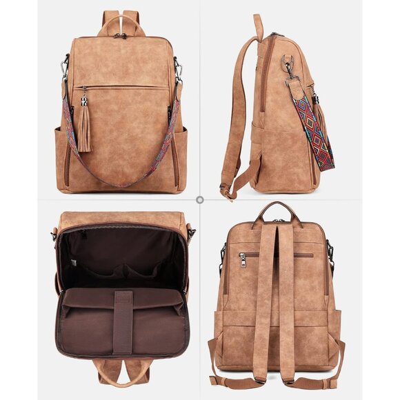 Women Camel Brown Suede Style Backpack Designer 15.6 inch PU Leather Laptop Bag - Picture 6 of 9